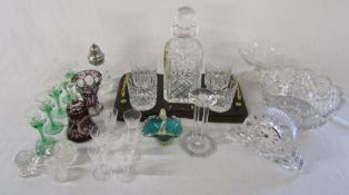 Box of assorted glassware inc presentation tray with decanter and tumblers, Galway clock and
