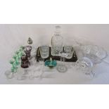 Box of assorted glassware inc presentation tray with decanter and tumblers, Galway clock and