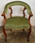 Victorian mahogany open tub chair with scroll arms & cabriole legs