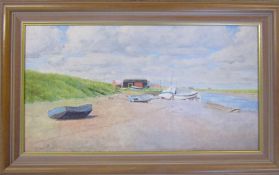 S Robert Watson - framed oil on board landscape of boats aground in a tidal estuary, signed lower
