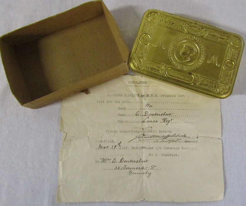 WWI Queen Mary Christmas 1914 tin (empty) with Memorandum relating to E Donkersloot Lincolnshire