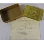 WWI Queen Mary Christmas 1914 tin (empty) with Memorandum relating to E Donkersloot Lincolnshire