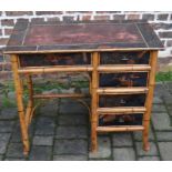 Edwardian bamboo writing table with lacquer decoration & inset leather skiver L 90cm D 51cm Ht 76cm