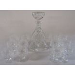 Cut glass decanter H 31 cm with 6 brandy and wine glasses