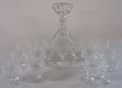Cut glass decanter H 31 cm with 6 brandy and wine glasses