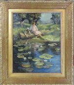 Framed oil on board of two young girls looking into a lily pond, indistinct signature, 47 cm x 54 cm