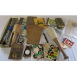 Various items inc coins inc £2 European football, postcards, birthday cards, maps, compass etc