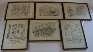 6 prints of pen & ink drawings of London buildings