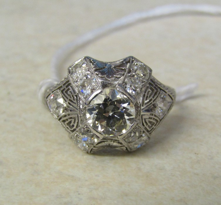 Tested as platinum vintage style diamond cluster ring set with central brilliant cut diamond - Image 6 of 7