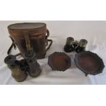Cased pair of Lemaire Paris binoculars, 2 cast metal dishes and pair of Le Jockey club binoculars