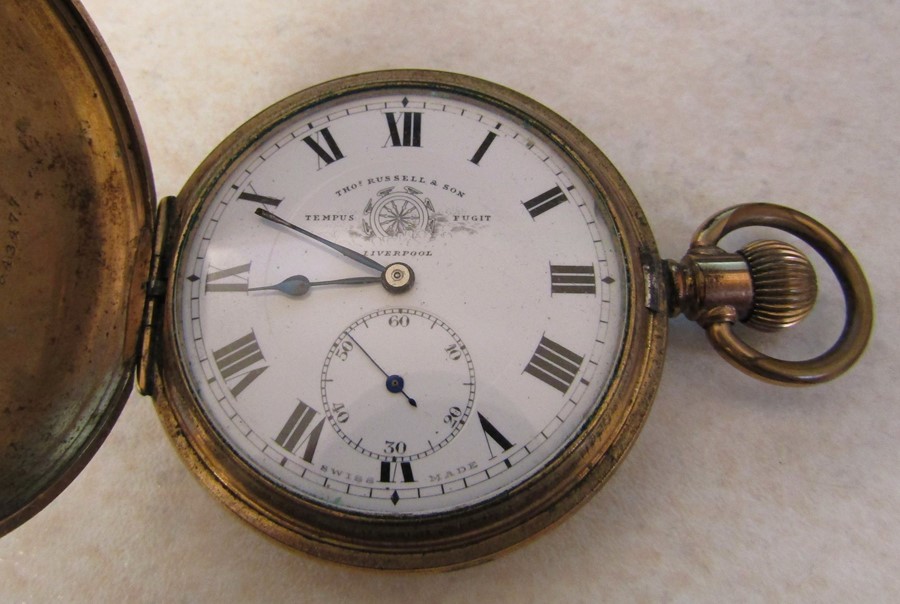 Thomas Russell & Son Liverpool gold plated full hunter pocket watch (one hand damaged, overwound) - Image 2 of 3