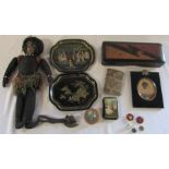 Miniature portrait in frame, bull can opener, crocodile skin purse, glove box, badges, black doll