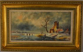 Flemish style oil on board landscape with building ruins & people in the foreground signed E Bond.