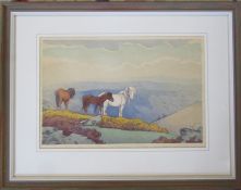 Allen William Seaby (1867-1953) framed woodblock print 'Dartmoor Ponies' signed in pencil lower