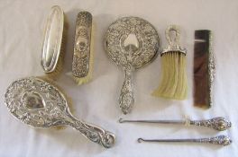 Selection of assorted silver dressing table items inc brushes, comb, mirror, button hook etc,