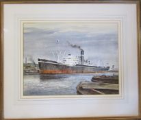 Framed watercolour of the cargo ship Malancha by Grimsby artist George Odlin signed and dated 1988