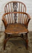 19th century yew wood Windsor chair with pierced splat & curved arm supports with crinoline