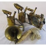 3 brass blow torches inc Optimus 406, brass cycle lamp (glass cracked) and brass bell