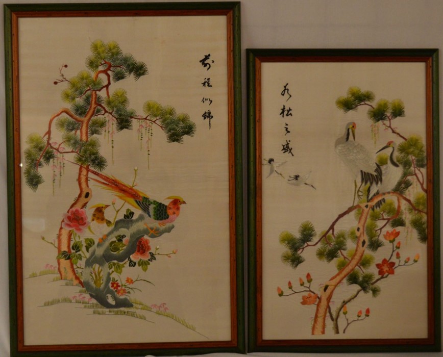 2 Japanese silk tapestries, largest 70cm by 47cm