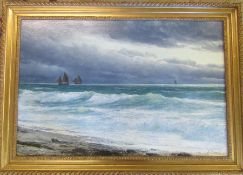 David James (1853-1904) large gilt framed oil on canvas of a seascape of sailing ships at sea viewed