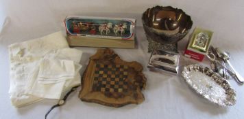 Various silver plate, small wooden checkers/chess board, Corgi 1902 State Landau The Queen's