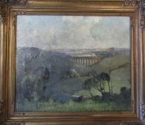 Herbert Rollett (1872-1932) large oil on canvas landscape of a viaduct over a valley,