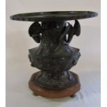 Japanese bronze two piece Usabata flower vase with wooden stand H 38.5 cm L 35 cm