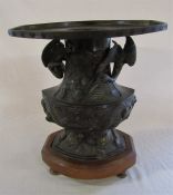 Japanese bronze two piece Usabata flower vase with wooden stand H 38.5 cm L 35 cm