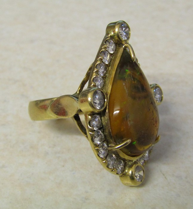 Tested as 18ct gold pear drop ring with diamonds & Mexican opal, central stone 10ct (pitted), - Image 3 of 7