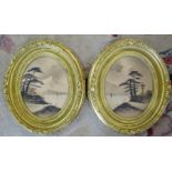 Pair of oval gilt framed pen, ink and watercolour Japanese paintings 32 cm x 36 cm