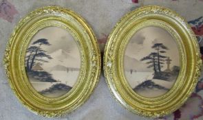 Pair of oval gilt framed pen, ink and watercolour Japanese paintings 32 cm x 36 cm