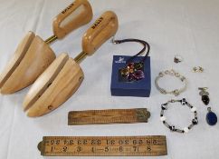 Selection of costume jewellery, Swarovski pendant, 2 Rabone boxwood rulers & pair of Bally shoe