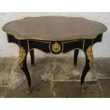 French 19th century ebonized boulle centre table with serpentine top inlaid with brass into tortoise