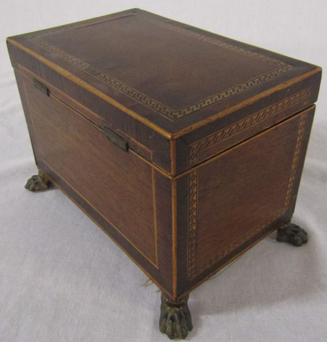 Wooden inlaid tea caddy with metal claw feet (missing interior lids) H 13 cm L 17.5 cm & sarcophagus - Image 8 of 8
