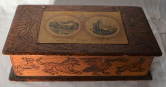 Pyrography wooden cigar box with Bridlington  & Scarborough postcards attached to the lid 24cm by