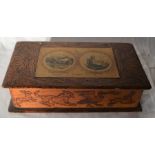 Pyrography wooden cigar box with Bridlington  & Scarborough postcards attached to the lid 24cm by