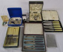 Selection of costume jewellery inc silver & boxed silver plated cutlery and cigarette case etc