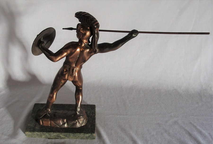 Bronzed figure of a Spartan warrior with spear and shield on a marble base H 33 cm - Image 3 of 3