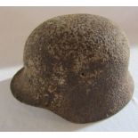 WWII German helmet, heavily pitted/relic state, with brown leather lining L 28 cm, D 23 cm, H 16.5