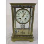 French late 19th century brass four glass mantel clock with enamel decoration, mercury pendulum, (