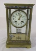 French late 19th century brass four glass mantel clock with enamel decoration, mercury pendulum, (