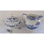 Large Spode Italian blue and white jug H 24 cm & a Zwiebelmuster tureen, ladle and oval plate (plate