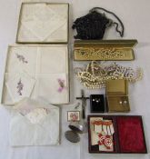 Jessica McClintock handbag, assorted pearls, boxed handkerchiefs, pill boxes etc