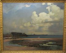 Herbert Rollett (1872-1932) large gilt framed oil on canvas of a harbour scene signed Rollett