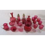 Selection of cranberry glass inc sugar sifter, glasses and bowls