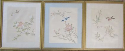3 framed Japanese silk needlepoint pictures 40 cm x 48 cm (size including frame)