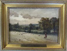 Ferdinand E Grone (1845-1920) gilt framed oil on board of a landscape signed F E Grone with brass