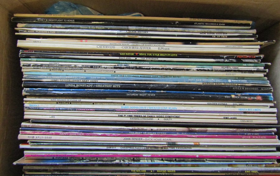 Box of assorted 33 rpm LPs including The Beatles Abbey Road, James Taylor, Barbra Streisand, John