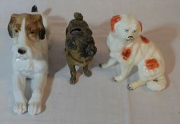 Cold painted metal pug dog pin cushion (L 11cm) Volkstedt porcelain fox terrier & a small 19th