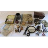 Selection of items inc tea caddy, brassware, coins, ephemera, wooden ducks by L Newbold,